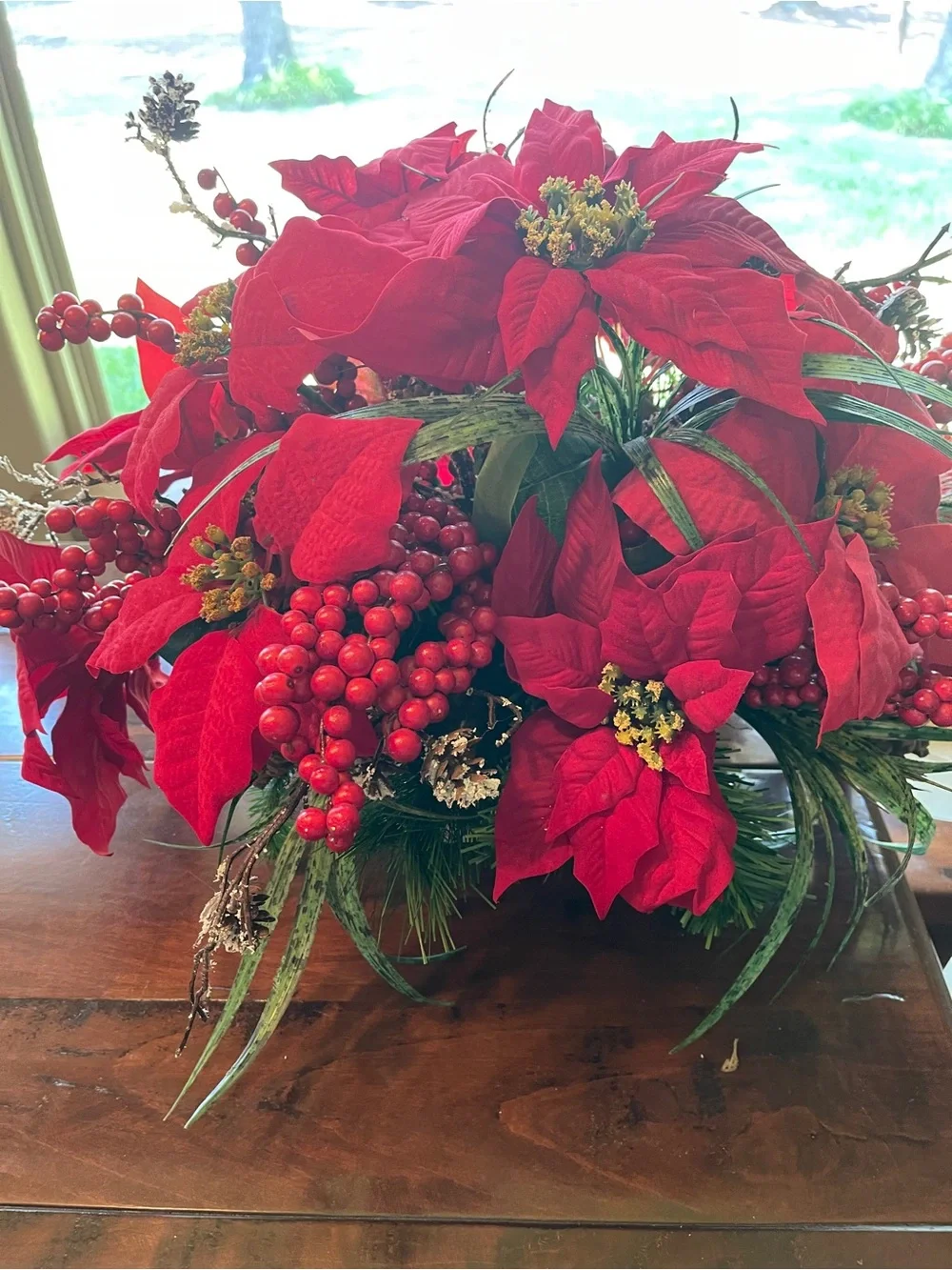 Festive Red Poinsettia Holiday Arrangement - Unbranded with Birch Wrapped Base